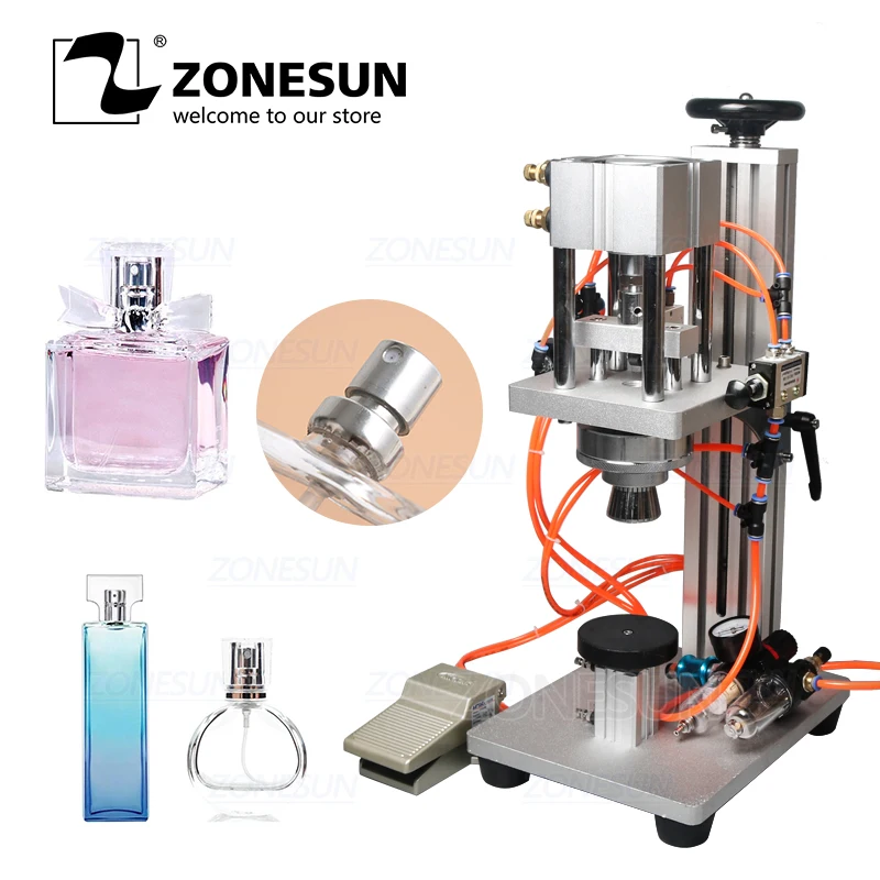 

ZONESUN полностью пневматическая машина для обжима бутылок духов, машина для прессования крышек, машина для блокировки крышек и распылителей