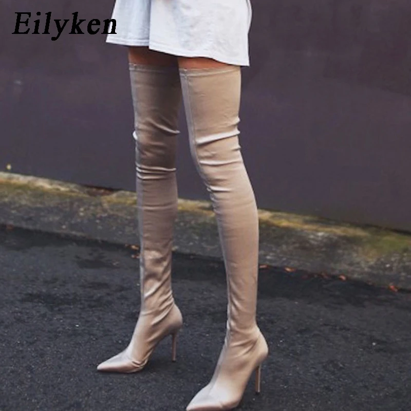 

EilyKen/женские носки без шнуровки на высоком каблуке-шпильке; Эластичные высокие сапоги до бедра; Пикантные Сапоги выше колена с острым носком