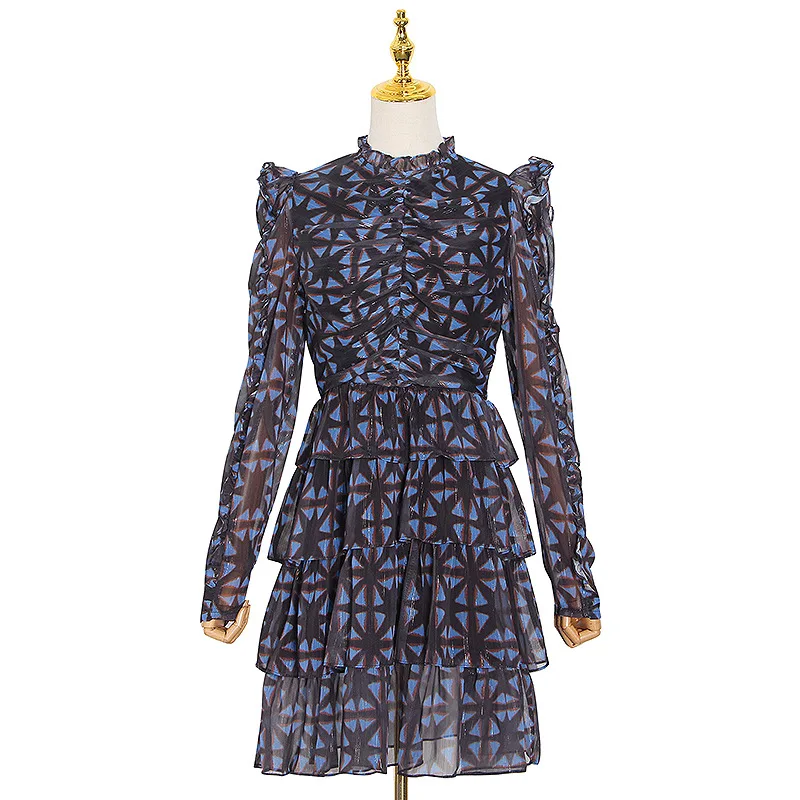 New fashion French temperament retro printed long sleeve ruffled waist slim short dress women
New fashion French temperament retro printed long sleeve ruffled waist slim short dress women