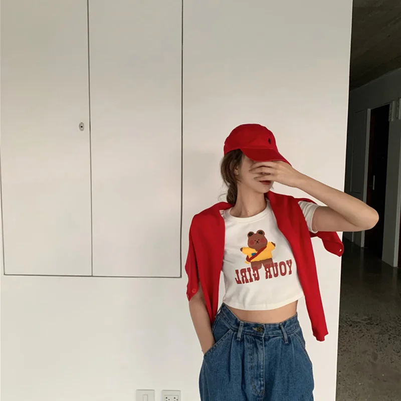 

Internet Celebrity T-shirt Women's Short-Sleeved Ins Fashionable Short 2021 Summer Slim-Fit White High Waist Navel-Exposed Hong