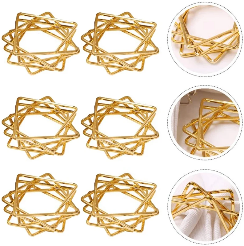 

6Pcs Polygon Star Design Napkin Rings Metal Napkin Holders for Wedding Birthday Party Decorations Golden