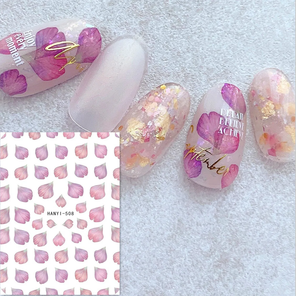 

Newest HANYI 508 flower design nail art sticker decal stamping back gule DIY nail decoration wraps