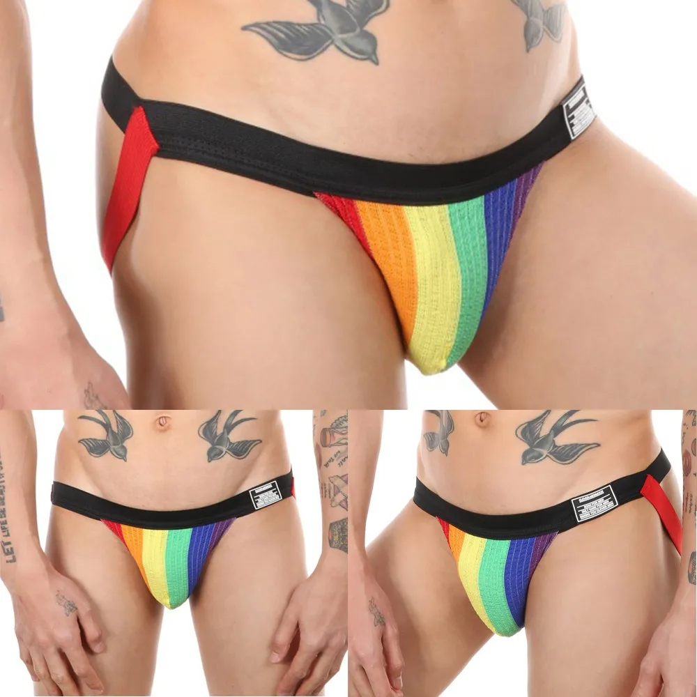 Men Briefs Rainbow Gay Jockstrap Elastic Hip Lifting Sexy Supporter Underwear Striped Breathable Thong T-back Underpants Male
Men Briefs Rainbow Gay Jockstrap Elastic Hip Lifting Sexy Supporter Underwear Striped Breathable Thong T-back Underpants Male