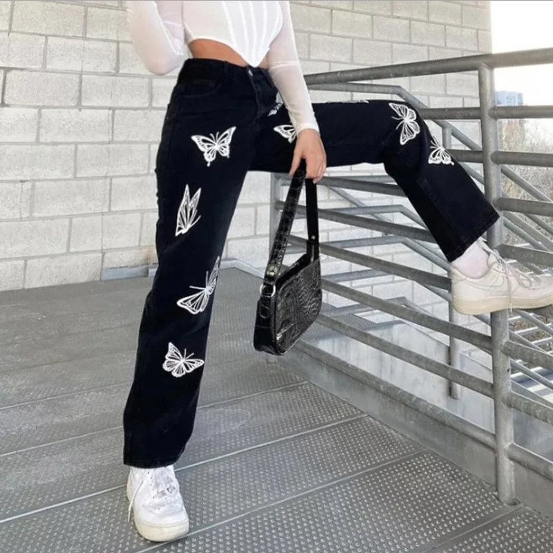 Women's Jeans Butterfly Print Fashion Black High Waist Slim Denim Pants For Ladies Streetwear Pants Trousers Casual Pant 2021
Women's Jeans Butterfly Print Fashion Black High Waist Slim Denim Pants For Ladies Streetwear Pants Trousers Casual Pant 2021