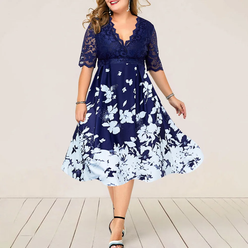 Spring Summer Dress Plus Size Women V Neck Lace Patchwork Evening Party Dresses Floral Print Large Size Casual Dress
Spring Summer Dress Plus Size Women V Neck Lace Patchwork Evening Party Dresses Floral Print Large Size Casual Dress