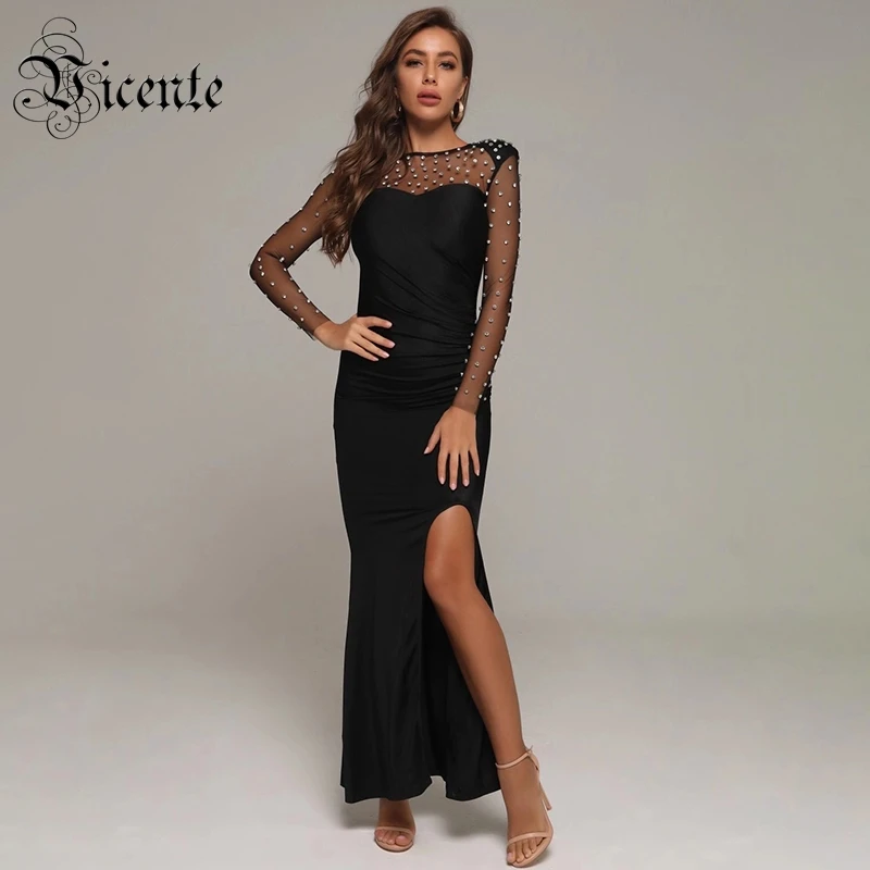 

VC All Free Shipping New Trendy Beads Embellished Draped Design Voile Splicing Celebrity Party Club Maxi Long Dress