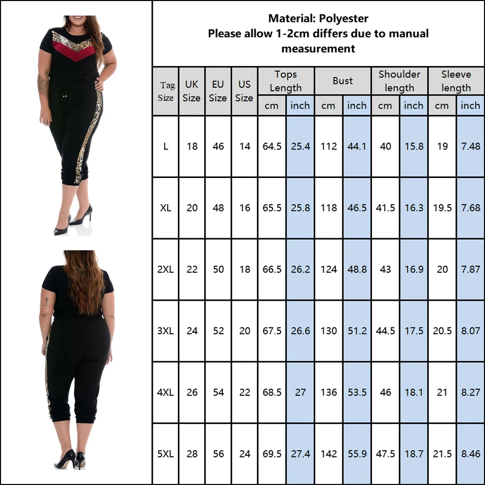 

Plus Size Women Tracksuit Set Summer Leopard Print Stitching Fitness Workout Suit 2Piece Large Size Lady Outfits Clothes Set D30