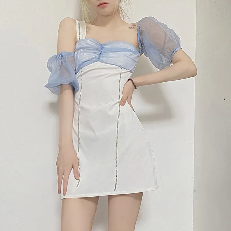 Fashion Elegant One Shoulder Puff Sleeve Mesh Patchwork Cute Office Lady Mini A-Line Dress New Summer Street Party Wear
Fashion Elegant One Shoulder Puff Sleeve Mesh Patchwork Cute Office Lady Mini A-Line Dress New Summer Street Party Wear