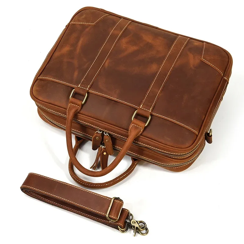 

Hot Men's Crazy Horse Genuine Leather Briefcase Business Handbag Cow Leather Fit 14"15'' Laptop Portfolio Shoulder Messenger Bag