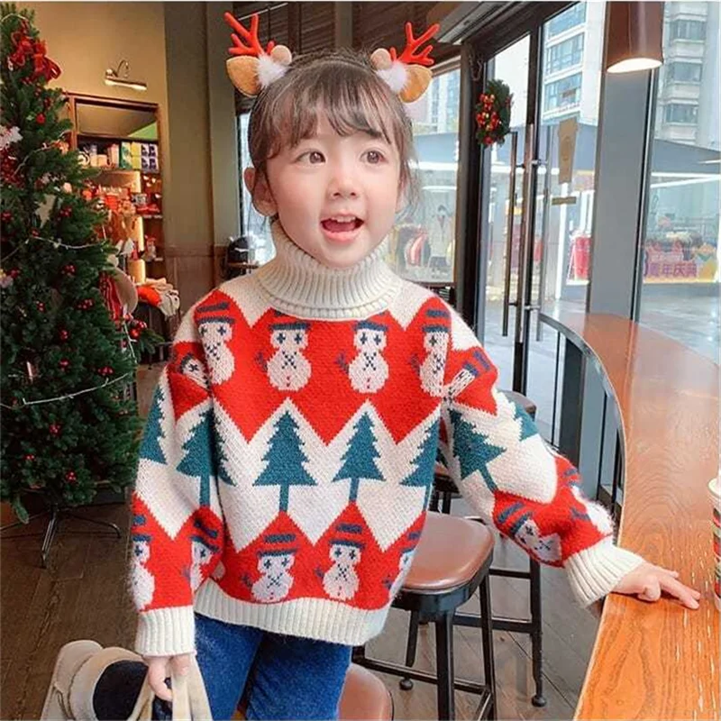 

Рождество 2022, детские свитера для девочек, теплая водолазка, Ститч, уплотненные трикотажные верх из искусственной кожи, пуловер, детская оде...