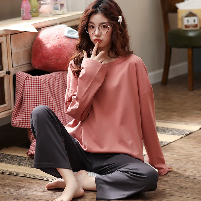 New 2pcs Plus Size Pure Cotton Pajamas Suit Women's Long-sleeved Spring And Autumn Solid Color Cute Student Home Service 
New 2pcs Plus Size Pure Cotton Pajamas Suit Women's Long-sleeved Spring And Autumn Solid Color Cute Student Home Service