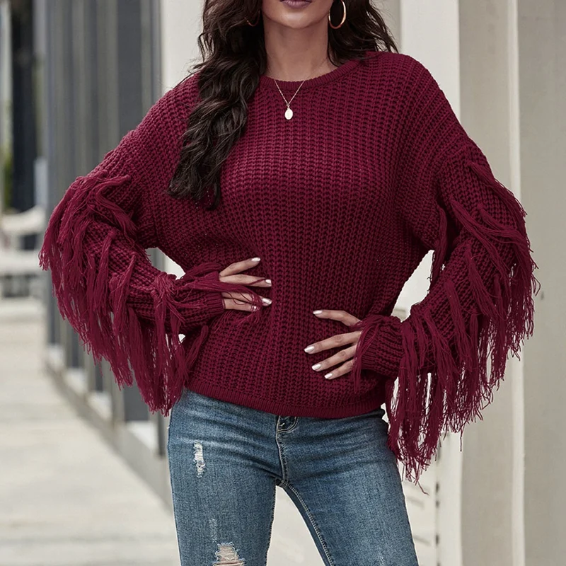 Женский вязаный свитер с круглым вырезом, с длинным рукавом
Женский вязаный свитер с круглым вырезом, с длинным рукавом