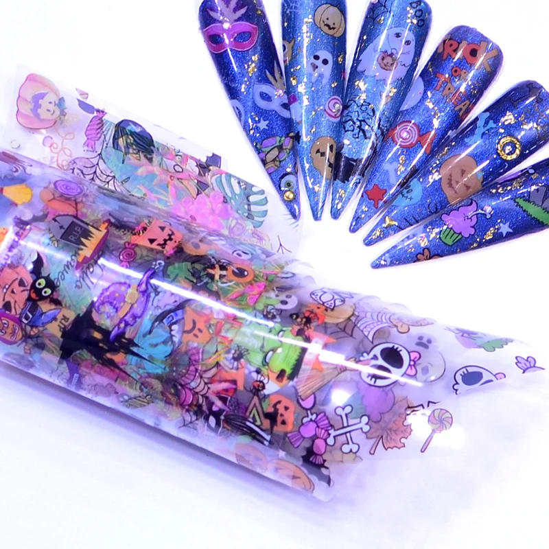 10pcs Halloween Decorations for Nails Mix Colorful Transfer Nail Foil Sticker pumpkin Adhesive Paper | Красота и здоровье