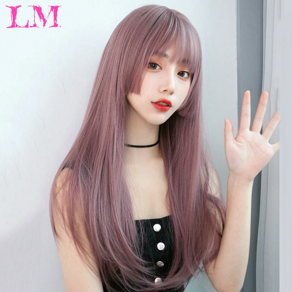 

LM Synthetic Long Straight Lolita Wig with Bangs Natural Black Purple Multiple Colour Hair for Women Cosplay Anime Wig