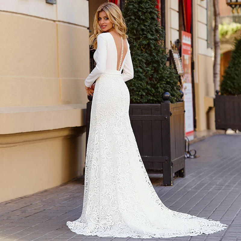2021 Charming Long Sleeve Mermaid Wedding Dress Sexy V-neck Sweep Train Lace Bridal Gowns Vestido De Novia
2021 Charming Long Sleeve Mermaid Wedding Dress Sexy V-neck Sweep Train Lace Bridal Gowns Vestido De Novia