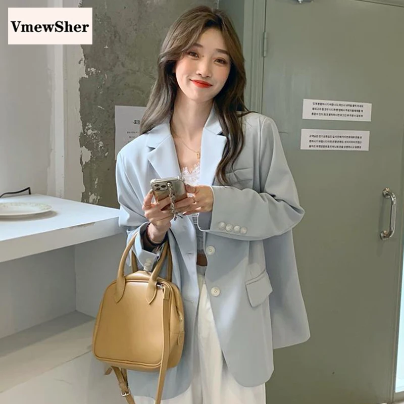 

VmewSher New Spring Casual Solid Women Blazer Jacket Loose Long Sleeve Fashion Blue Autumn Suit Coat Plain Lady Elegant Outwear