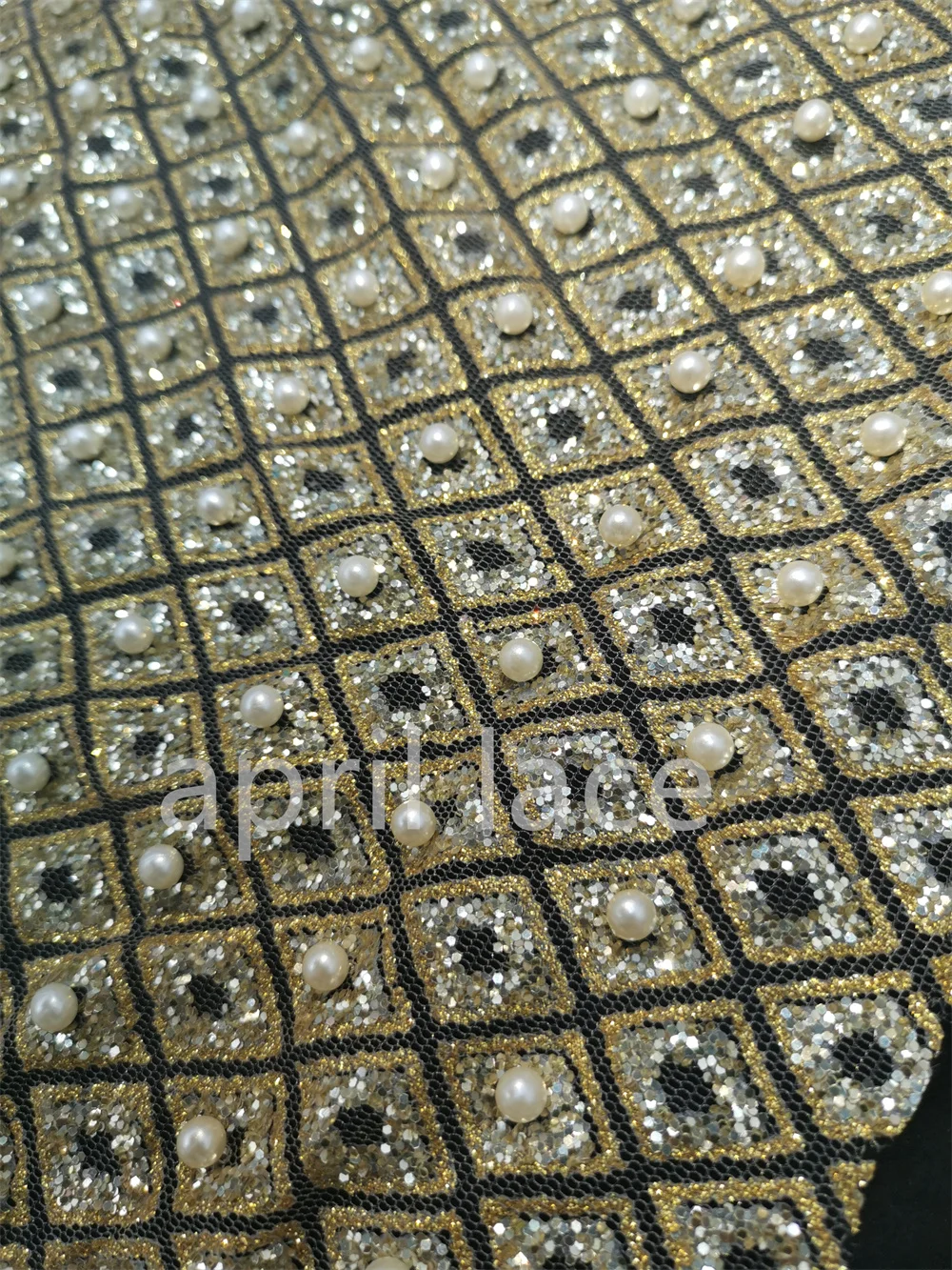 

Pearls Golden Glitter Haute Couture 5 Yard Tulle Lace Fabric for Fashion Designer /Sawing Wedding Bridal Dress