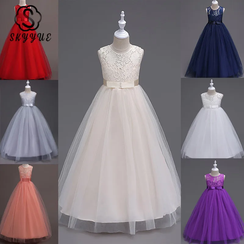 Skyyue Flower Girl Dress Elegant O-neck Lace Bow Kid Party Gowns Wedding Gray White Purple Champagne Long Dresses for Girls 9999 | Свадьбы и