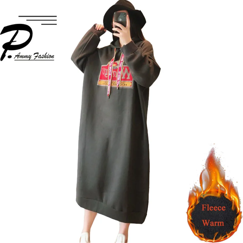 P Ammy Теплая Флисовая Подкладка Толстовка платье для женщин с капюшоном длинные