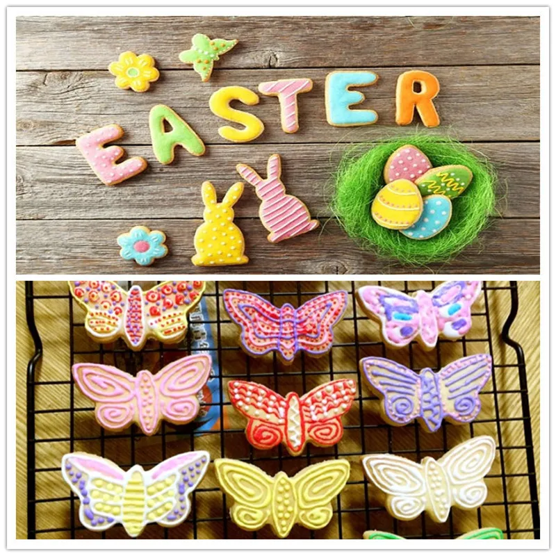 

Easter Cookies Muffin Cake Baking Mold Eggs Chick Rabbit Shape Squeeze Stamp for Easter Sugarcraft Fondant Cutter Tools 4/5Pcs