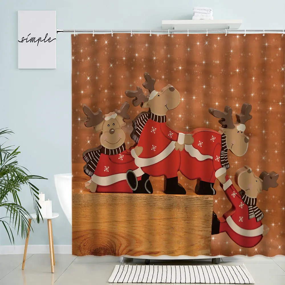 

Cartoon Elk Shower Curtain Merry Christmas Bathroom Decor Winter Fun Animal Rustic Vintage Old Wood With Hook Polyester Screen