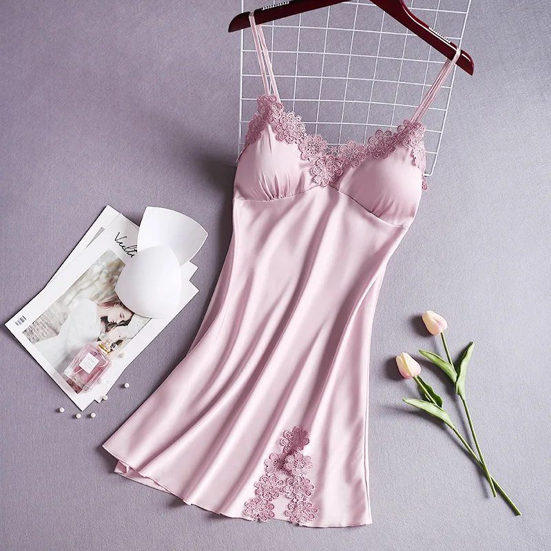 Womanre Ice silk ladies Nightdress thin sexy with satin belt and chest pad sleepwear SJ005
Womanre Ice silk ladies Nightdress thin sexy with satin belt and chest pad sleepwear SJ005