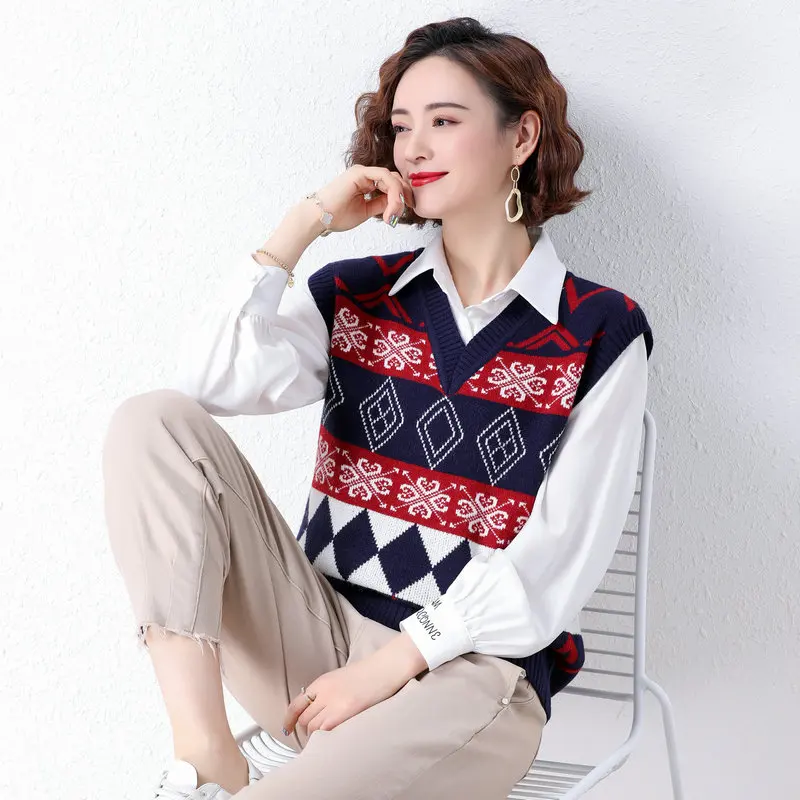 British Style Women Autumn Knitted Vest Yellow Camel Blue Argyle Knitwear V-Neck Sleeveless Pullover Sweater Girls Leisure Gilet
British Style Women Autumn Knitted Vest Yellow Camel Blue Argyle Knitwear V-Neck Sleeveless Pullover Sweater Girls Leisure Gilet