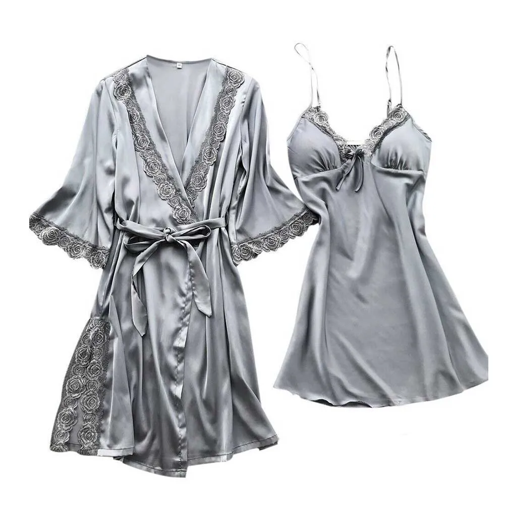 2pcs/set Ladies Waist Tie Soft Silky Sexy Elegant Lace Wedding Women Robe Solid Loose Bridal Lightweight Long Night Bath 
2pcs/set Ladies Waist Tie Soft Silky Sexy Elegant Lace Wedding Women Robe Solid Loose Bridal Lightweight Long Night Bath