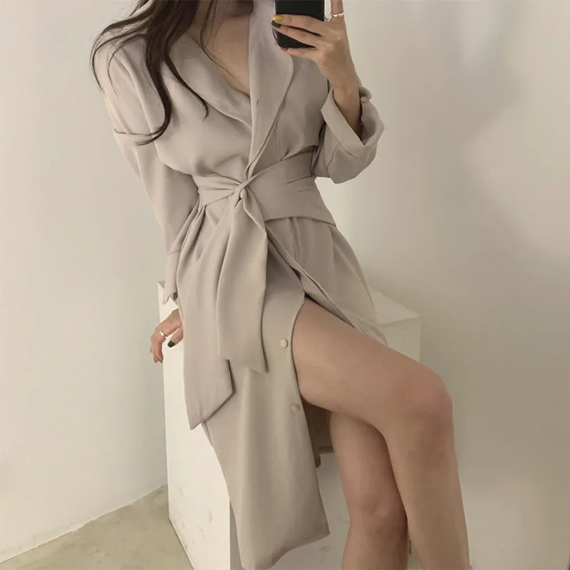 

Croysier Dresses For Women 2021 Elegant Office Lady Slit Sexy Midi Dress V Neck Collared Long Sleeve Waist Belted Shirt Dress