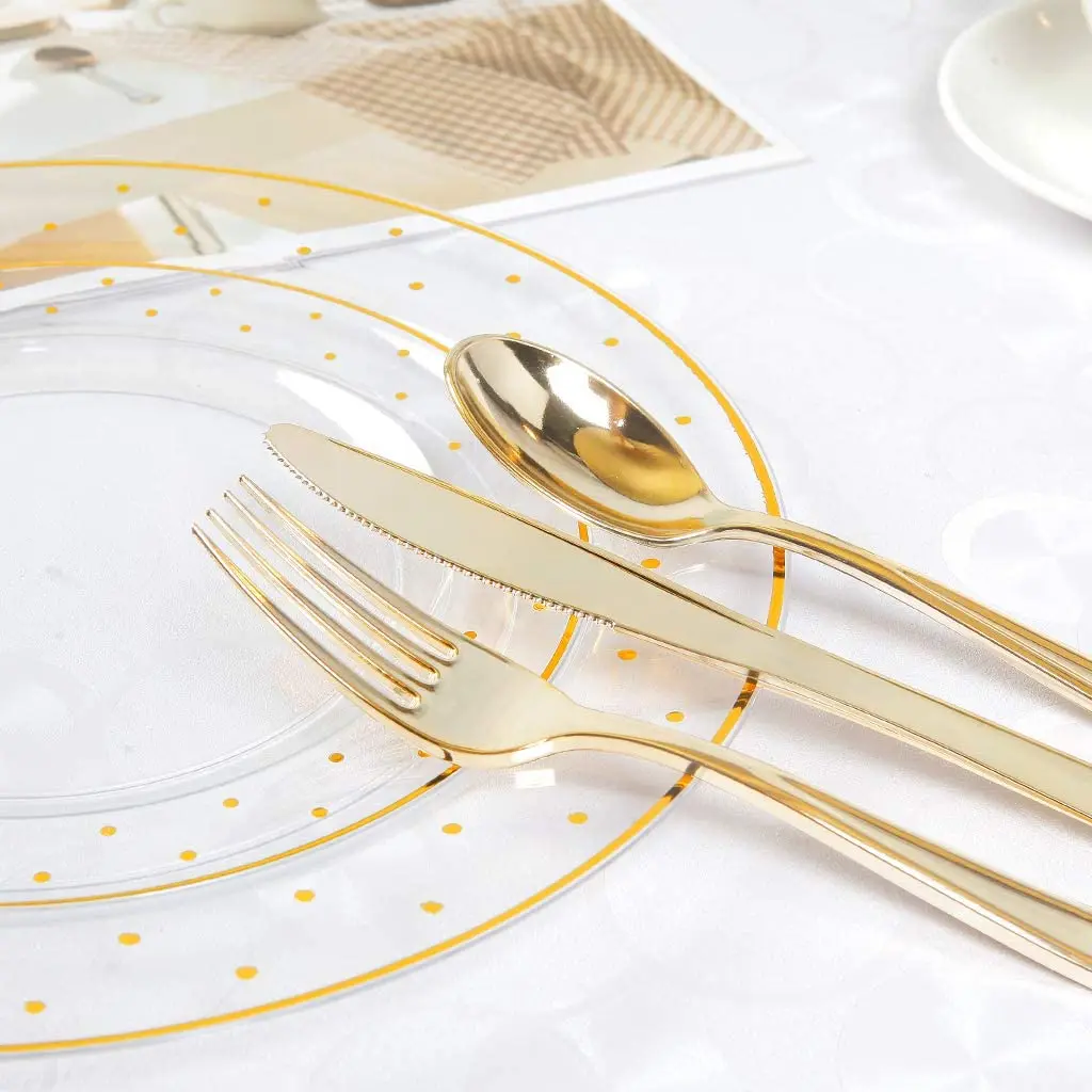 Disposable Clear Rose Gold Dot Plates Crystal Plastic Party Includes 20pcs 10.25Inch 7.5Inch Salad Combo | Дом и сад