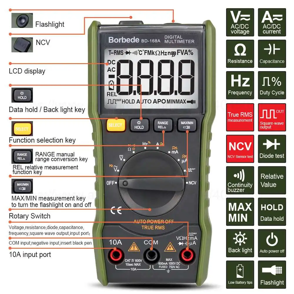 168A Digital Auto Range Portable Multimeter 6000 counts LCD Display Backlight Ammeter Voltmeter AC/DC Voltage Measuring
168A Digital Auto Range Portable Multimeter 6000 counts LCD Display Backlight Ammeter Voltmeter AC/DC Voltage Measuring