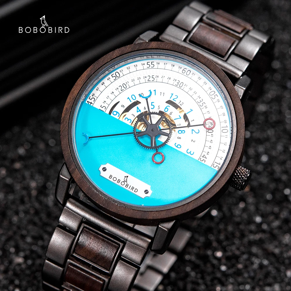 

Men Automatic Mechanical Watch BOBO BIRD Wood Wristwatches Transparent Backcover Golden Timepieces Chronograph Reloj mecanico