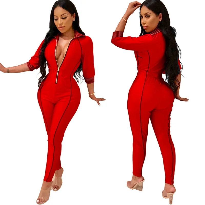 Solid Color Front Zipper Sexy Rompers Womens Jumpsuit Quarter Sleeve Bandage Overalls Sexy Autumn Bodycon Jumpsuits
Solid Color Front Zipper Sexy Rompers Womens Jumpsuit Quarter Sleeve Bandage Overalls Sexy Autumn Bodycon Jumpsuits