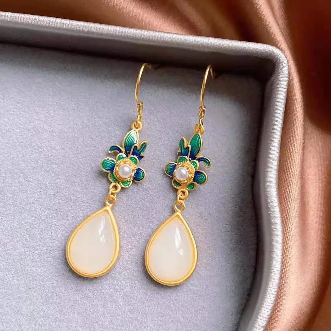Natural Hetian Jade White Jade Water Drop Earrings Palace Style Flower Earrings S925 Sterling Silver Plated Ancient Silver Ename
Natural Hetian Jade White Jade Water Drop Earrings Palace Style Flower Earrings S925 Sterling Silver Plated Ancient Silver Ename
