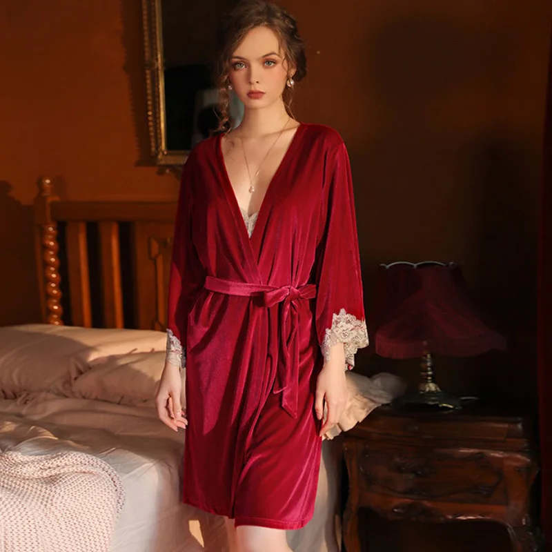 Red Three Piece Set Women's Night Robe Nightdress Female Sexy Velvet Loungewear Women Lace Dressing Gown Black Phoentin FG268 
Red Three Piece Set Women's Night Robe Nightdress Female Sexy Velvet Loungewear Women Lace Dressing Gown Black Phoentin FG268