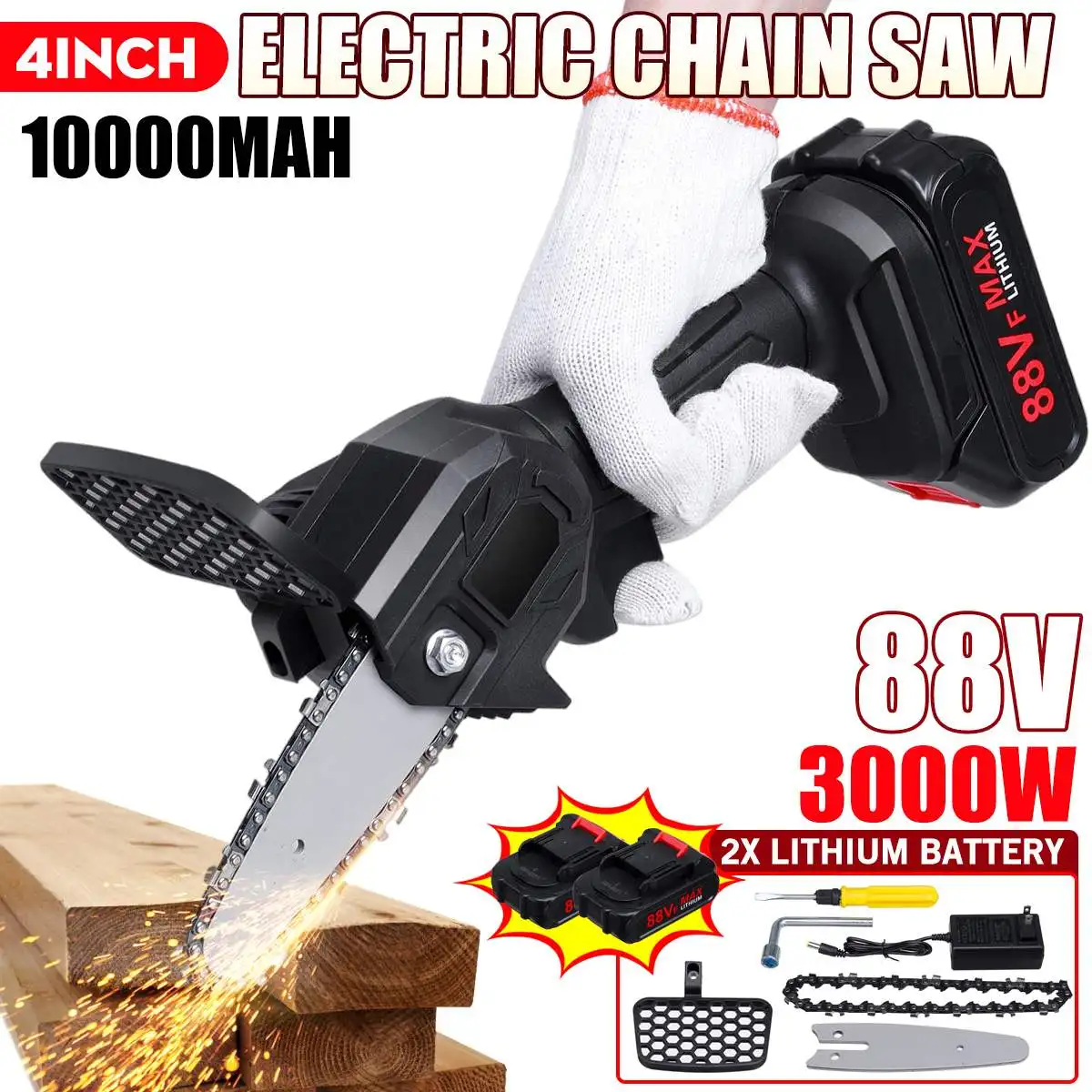 4 Inch 88V Mini Electric Pruning Chain Saw Woodworking Chainsaw Garden Logging Cutter Tool Rechargeable with 2pcs Makita Battery
4 Inch 88V Mini Electric Pruning Chain Saw Woodworking Chainsaw Garden Logging Cutter Tool Rechargeable with 2pcs Makita Battery