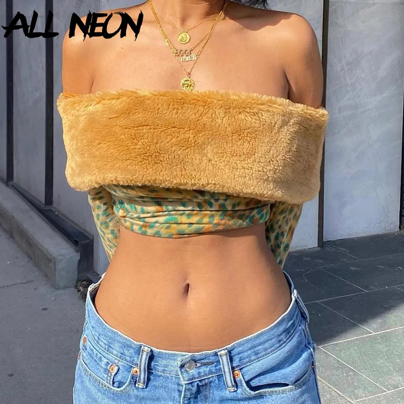 ALLNeon 90s Aesthetics Sexy Off Shoulder Leopard Patchwork Crop Tops Y2K Vintage Streetwear Fake Fur Collar Long Sleeve T-shirts | Женская