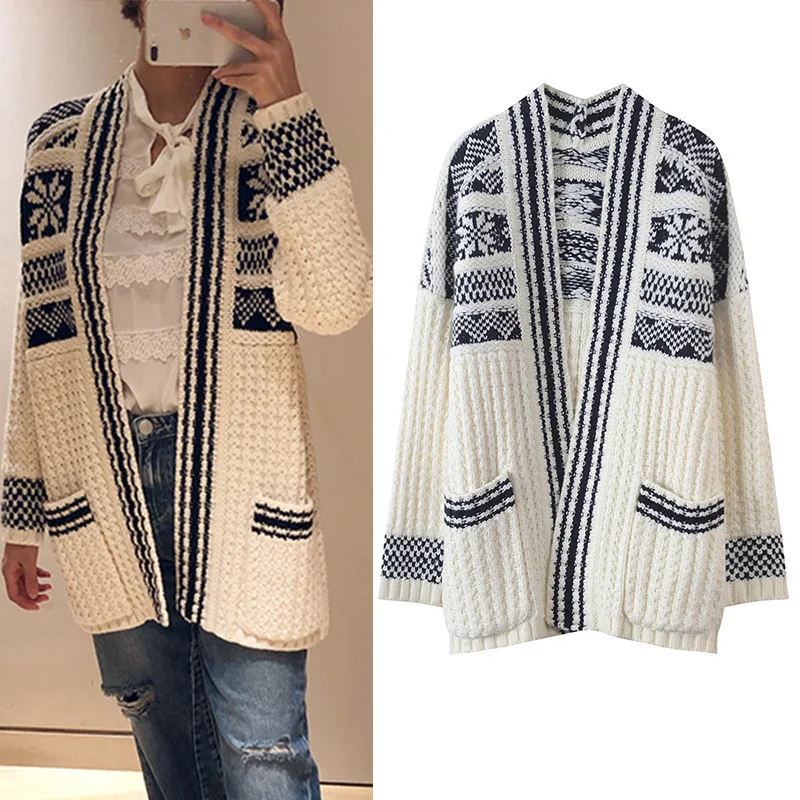 New autumn fashion new European and American retro geometric jacquard knitted coat medium long loose pocket cardigan
New autumn fashion new European and American retro geometric jacquard knitted coat medium long loose pocket cardigan