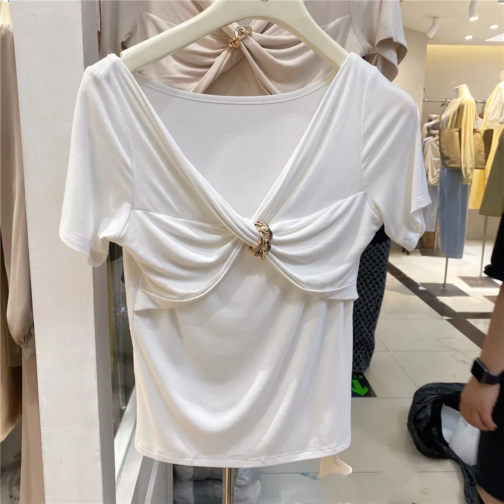 2021 Spring V-neck Twist Chain Slim Short Sleeve Cotton T-shirt Women Solid Color All-Match Simple Bottoming Tops
2021 Spring V-neck Twist Chain Slim Short Sleeve Cotton T-shirt Women Solid Color All-Match Simple Bottoming Tops