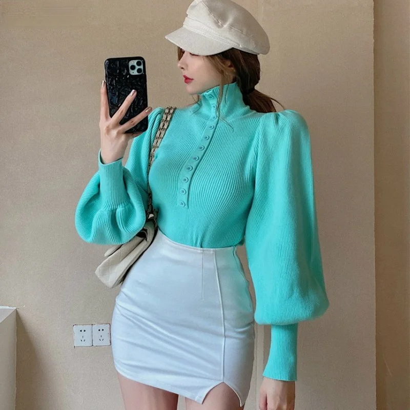 Vintage Lantern Sleeve Thin Sweater 2021 Spring Turtleneck Button Pullover Female Solid Jumper Korean Chic Tops
Vintage Lantern Sleeve Thin Sweater 2021 Spring Turtleneck Button Pullover Female Solid Jumper Korean Chic Tops