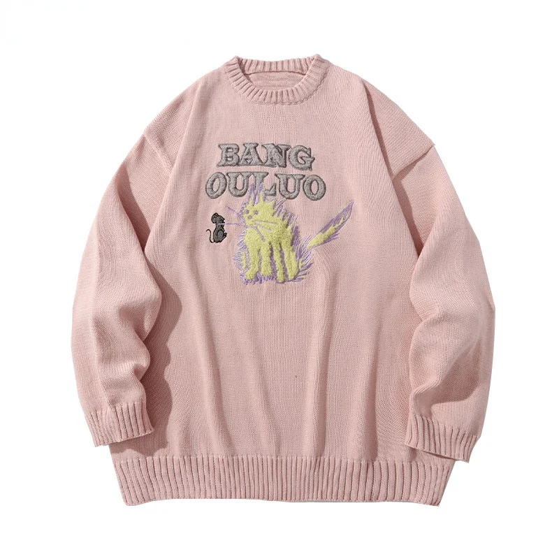 Осенний уличный свитер в стиле Харадзюку, вязаные джемперы с вышивкой и мультяшным котом и мышью, свитер, повседневный свободный трикотажны... 
Осенний уличный свитер в стиле Харадзюку, вязаные джемперы с вышивкой и мультяшным котом и мышью, свитер, повседневный свободный трикотажны...