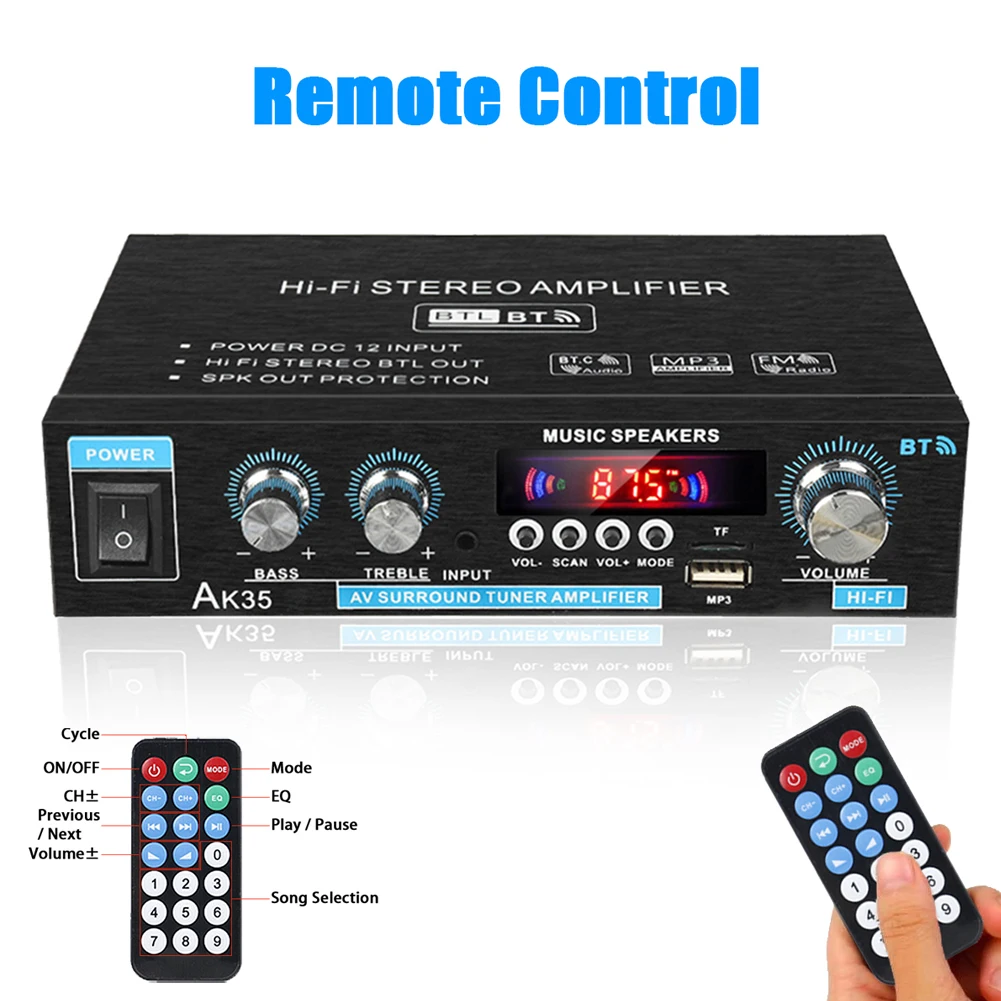 AK35 800W Home Car Amplifiers 2 Channel bluetooth 5.0 Surround Sound FM USB Remote Control Mini HIFI Digital Amplifier Stereo
AK35 800W Home Car Amplifiers 2 Channel bluetooth 5.0 Surround Sound FM USB Remote Control Mini HIFI Digital Amplifier Stereo