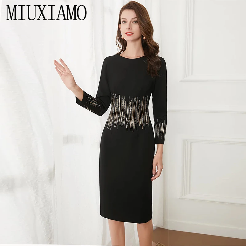 MIUXIMAO 2021 Autumn Dress O-Neck Long Sleeve Sequined Embroidery Slim Dress Fashion Elegant Office Style Mini Dress Vestidos
MIUXIMAO 2021 Autumn Dress O-Neck Long Sleeve Sequined Embroidery Slim Dress Fashion Elegant Office Style Mini Dress Vestidos