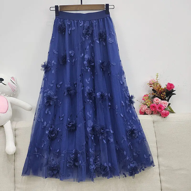 Сетчатая юбка миди с вышивкой Женская Весенняя и летняя тонкая эластичная