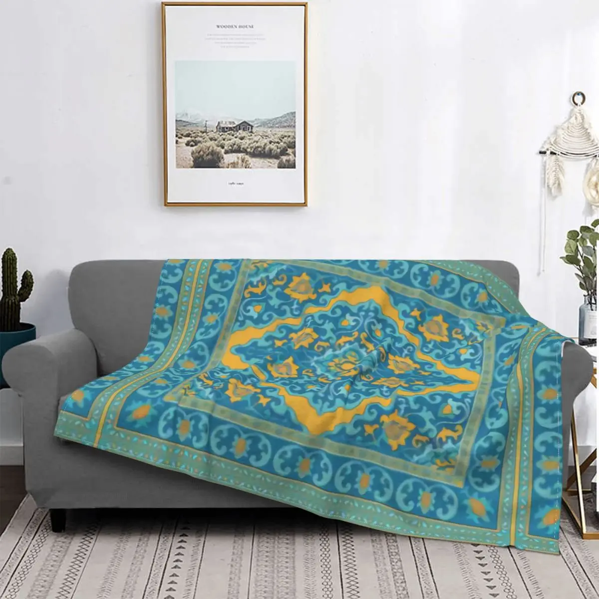 

Manta Bohemia de algodón con estampado azul, mantas de lana de Coral transpirables para sofá, artículos esenciales de viaje, env