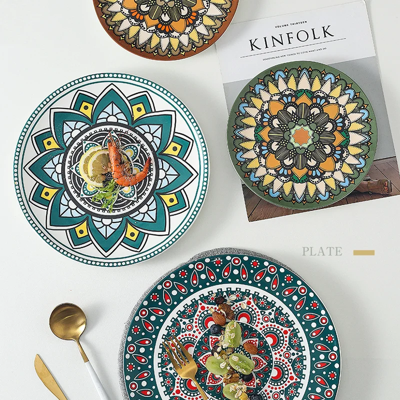 

Круглые обеденные тарелки в скандинавском стиле, керамическая посуда, винтажные блюда, подносы для стейка, декоративные обеденные тарелки, ...
