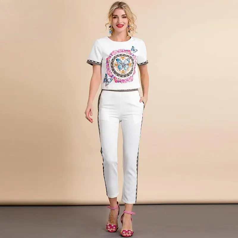 Fashion Runway Summer White Pants Suit Women Short Sleeve Beading Print T-Shirt and Pants Casual Two Piece Set
Fashion Runway Summer White Pants Suit Women Short Sleeve Beading Print T-Shirt and Pants Casual Two Piece Set