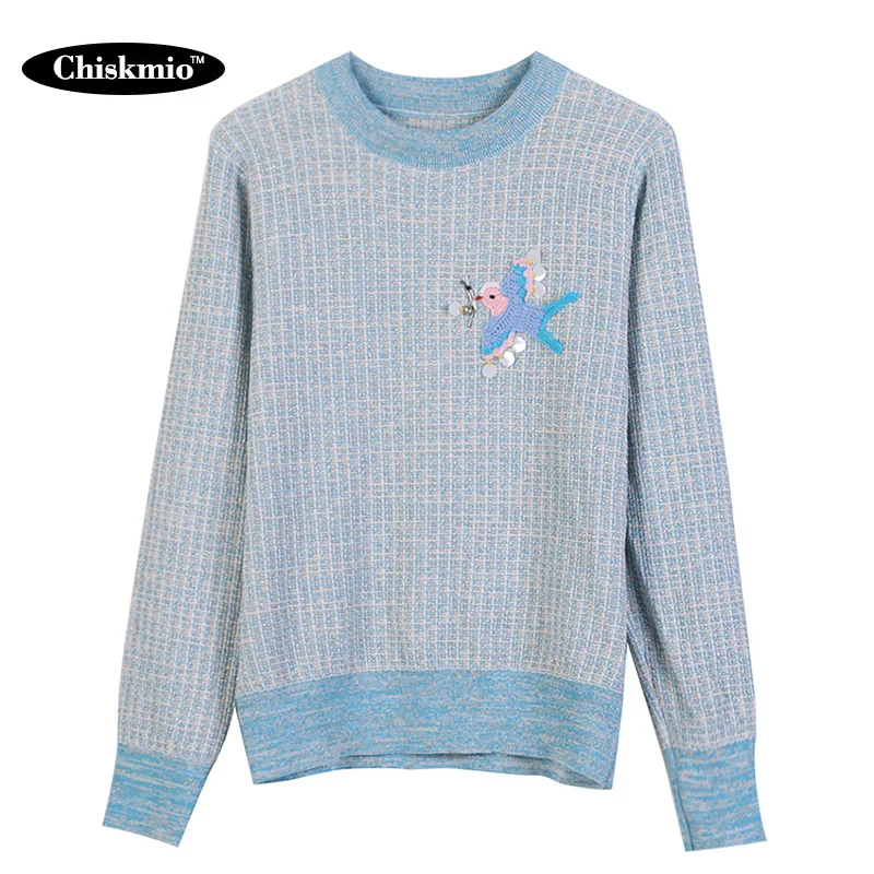 Bird Embroidery Knitted Sweater Women Sequin Decoration O-Neck Pullover Korean Casual Top Woman Blue Bottoming Knitwear Harajuku
Bird Embroidery Knitted Sweater Women Sequin Decoration O-Neck Pullover Korean Casual Top Woman Blue Bottoming Knitwear Harajuku