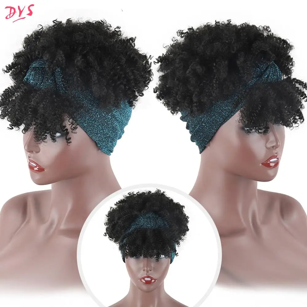 Deyngs Synthetic Wig Short Kinky Curly Turban Wrap-wig 2 in 1 Afro Puff Hairband Bun with Bangs Drawstring Headwrap With | Шиньоны и
