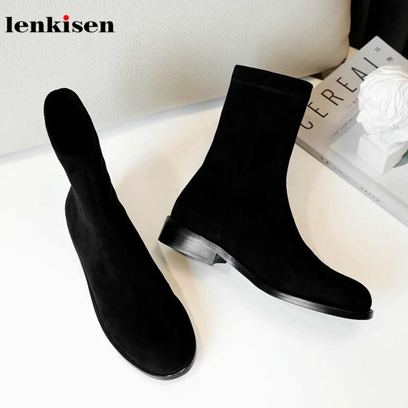 Lenkisen Korean stretch boots round toe low heels basic simple style winter warm women breathable black colors ankle boots L01 
Lenkisen Korean stretch boots round toe low heels basic simple style winter warm women breathable black colors ankle boots L01